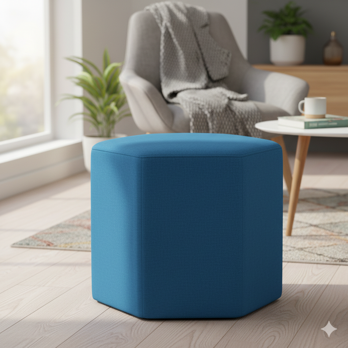 Chic Hexagonal Blue Fabric Pouffe with Seating and Stylish Home Decor Accent