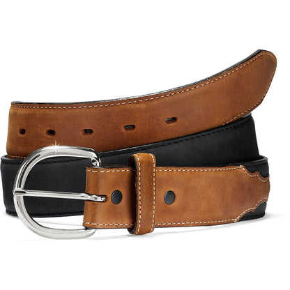 Brighton leather belt in tan and black with silver-tone horseshoe buckle and contrast stitching on a white background
