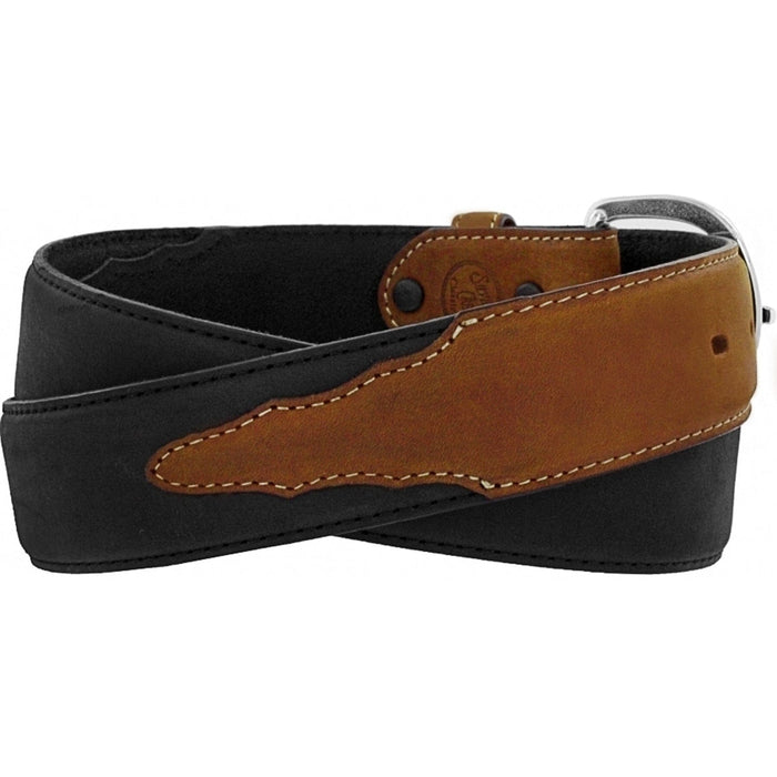 Brighton black leather belt with brown leather overlay, contrast stitching, and silver-tone buckle on a white background