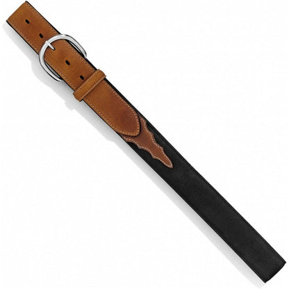 Brighton leather belt in tan and black with silver-tone buckle and contrast stitching on a white background