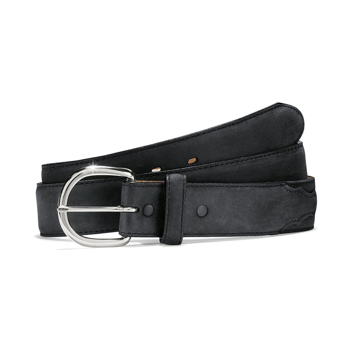 Brighton black leather belt with silver-tone rounded buckle and stitched edge detail on a white background