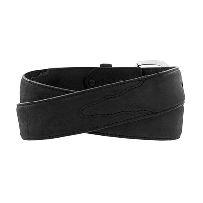 Brighton black leather belt coiled with silver-tone buckle and contoured stitched billet detail on a white background