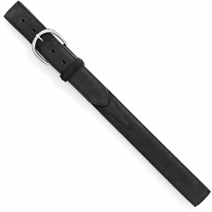 Brighton black leather belt with silver-tone rounded buckle and embossed Western stitching detail on a white background