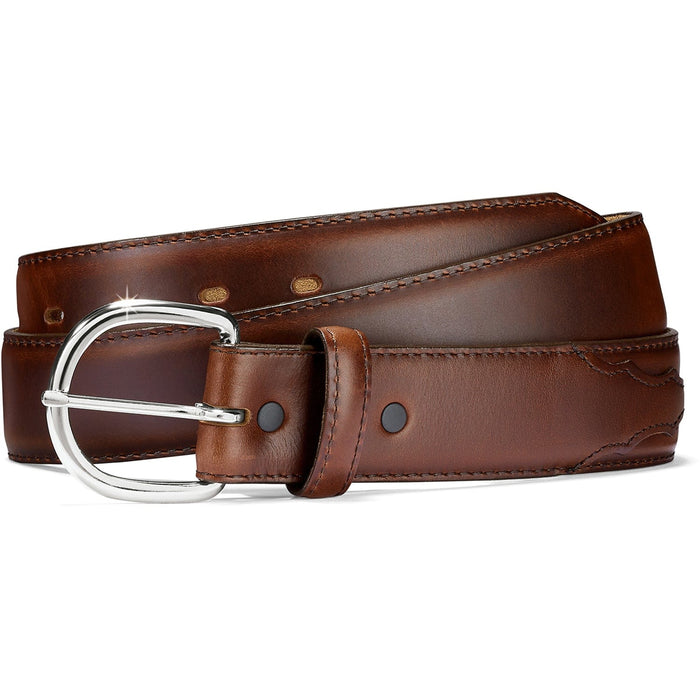Brighton coiled brown leather belt with silver-tone rounded buckle and stitched edge detailing on a white background