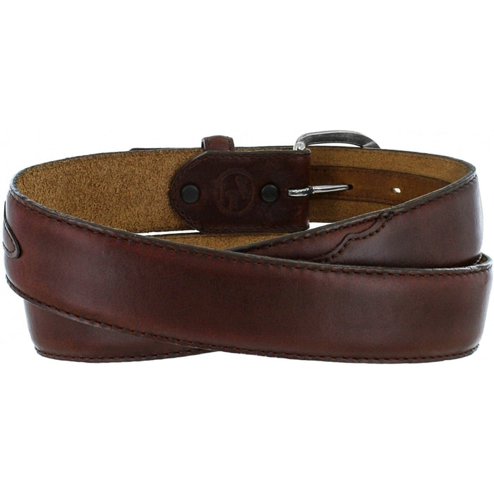 Brighton brown leather belt with stitched edges, embossed keeper loop, and silver-tone buckle on a white background