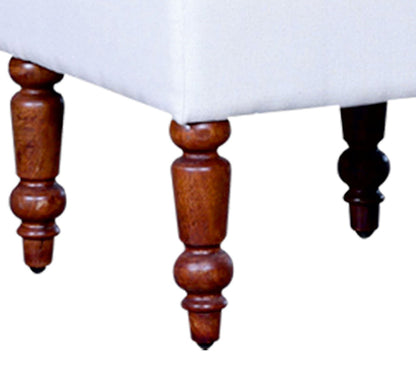 Classic White Square Ottoman Footstool with Turned Wood Legs and Elegant Pouffe for Living Room