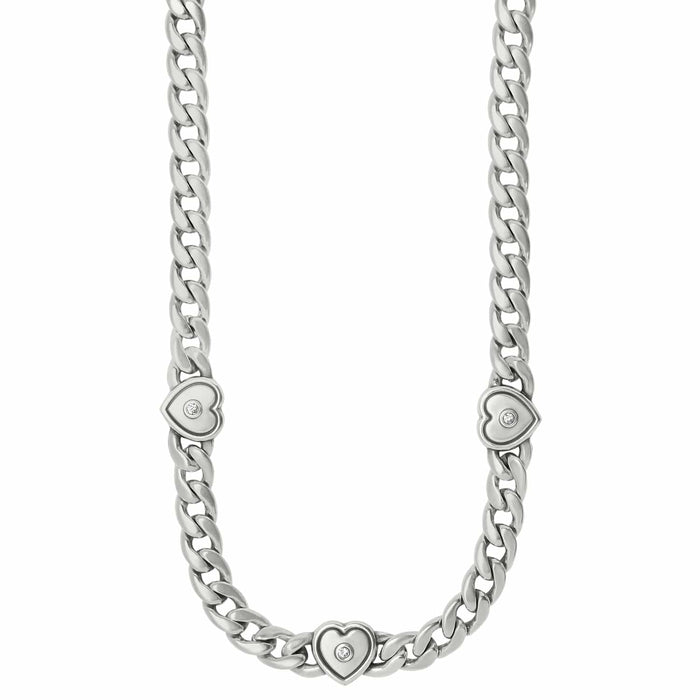 Brighton silver-plated curb chain necklace with three heart stations and crystal accents on a white background
