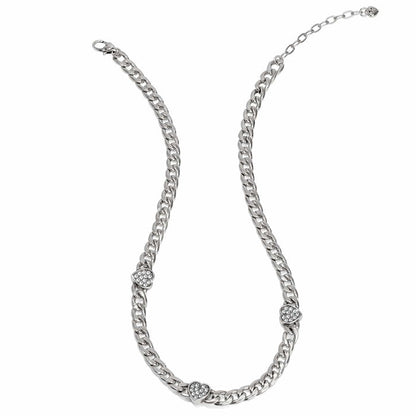 Brighton silver-plated curb chain necklace with three crystal heart stations and adjustable clasp on a white background