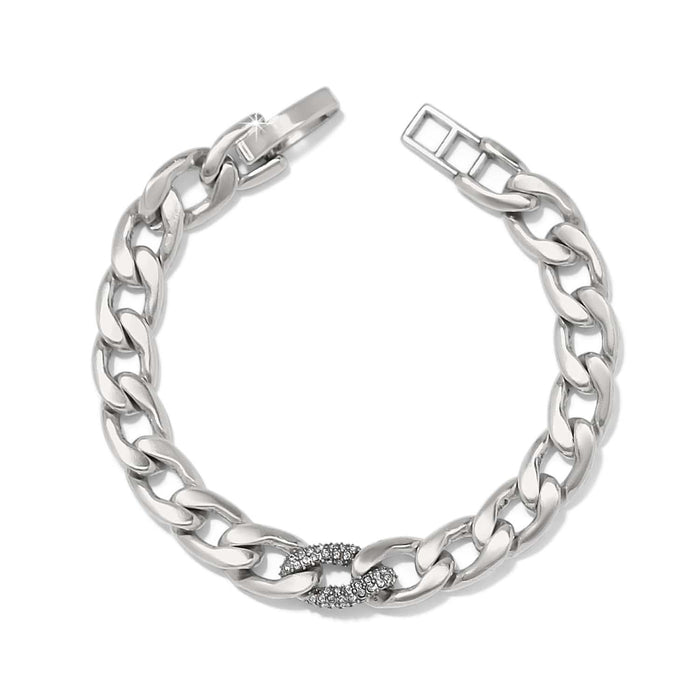 Brighton silver-plated curb chain bracelet with crystal-accented center link and fold-over clasp on a white background