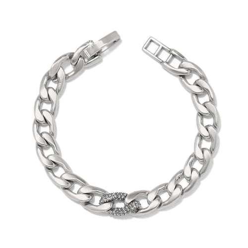 Brighton silver-plated curb chain bracelet with crystal-accented center link and fold-over clasp on a white background
