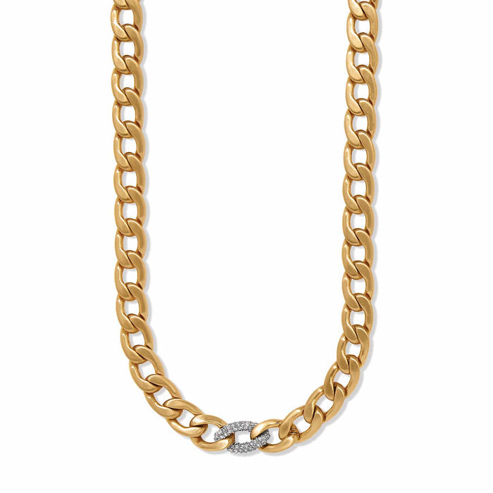Brighton gold-plated curb chain necklace with crystal-accented center link on a white background