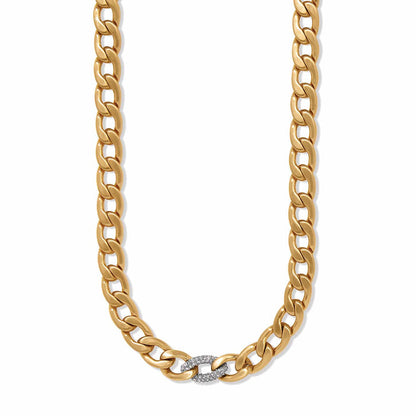 Brighton gold-plated curb chain necklace with crystal-accented center link on a white background