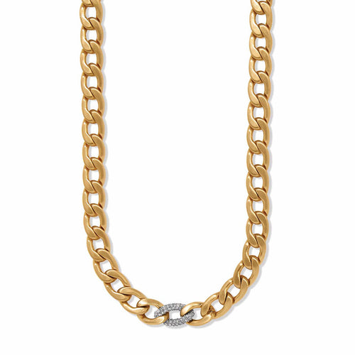 Brighton gold-plated curb chain necklace with crystal-accented center link on a white background