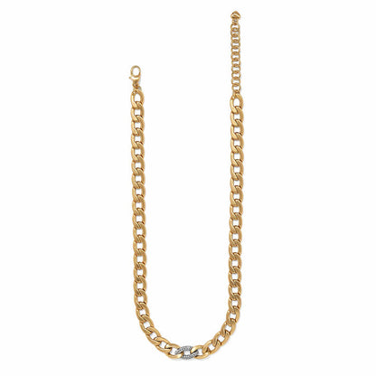 Brighton curb chain necklace in gold-tone with crystal-accented center link and lobster clasp on a white background