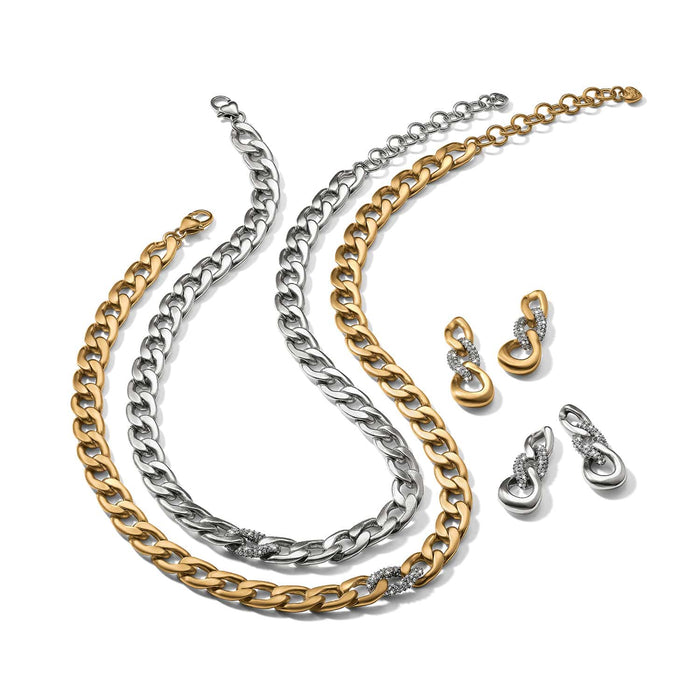 Brighton gold-plated and silver-plated curb chain necklaces with crystal accent links and matching drop earrings on a white background