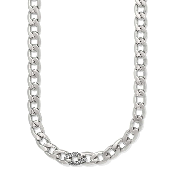 Brighton curb chain necklace in silver-plated finish with crystal-accented center link on a white background