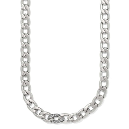 Brighton curb chain necklace in silver-plated finish with crystal-accented center link on a white background