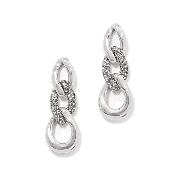 Brighton drop earrings with silver-plated chain links and crystal pavé accents on a white background