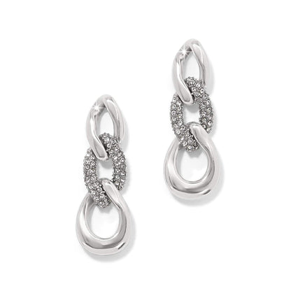 Brighton drop earrings with silver-plated chain links and crystal pavé accents on a white background