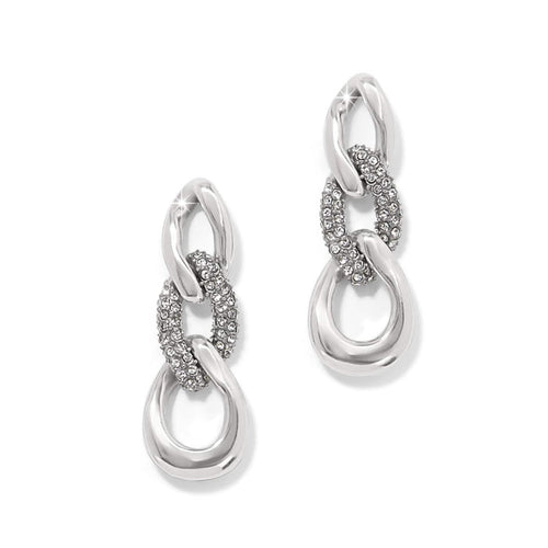 Brighton drop earrings with silver-plated chain links and crystal pavé accents on a white background