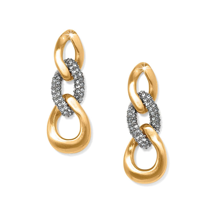 Brighton drop earrings with gold-plated links and silver-plated crystal pavé link accents on a white background