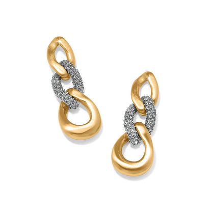 Brighton drop earrings with gold-plated links and silver-plated crystal pavé center link on a white background