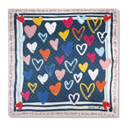Brighton scarf with multicolor heart print on navy center and pink All You Need is Love border on a white background