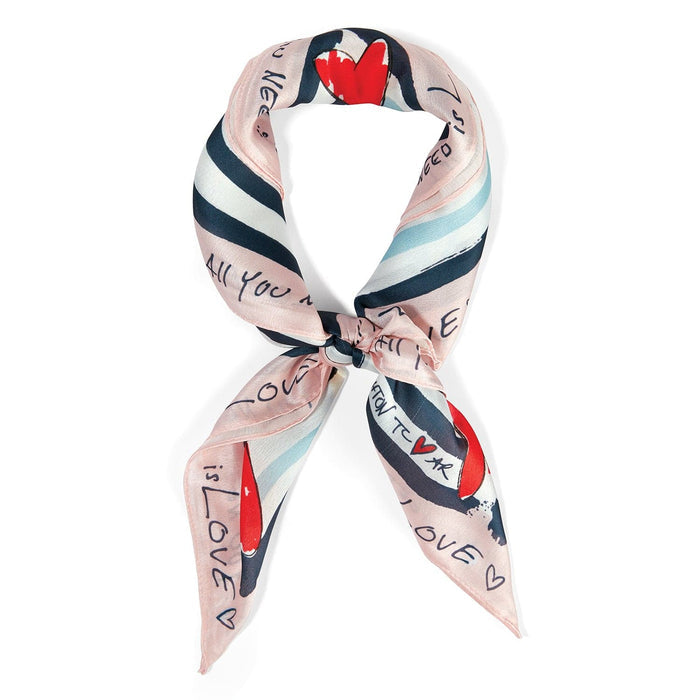 Brighton scarf in pink with navy stripes, red hearts, and handwritten love script print, knotted on a white background