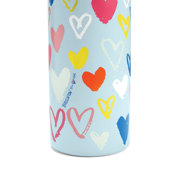 Close-up of Brighton stainless steel water bottle with light blue finish and colorful painted heart print