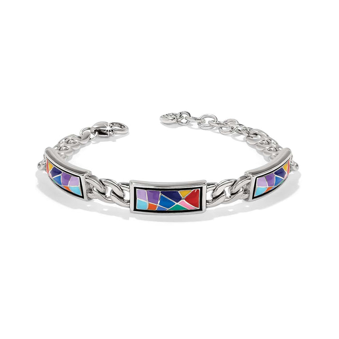 Brighton chain bracelet with three silver-plated rectangular stations of multicolor mosaic enamel on a white background