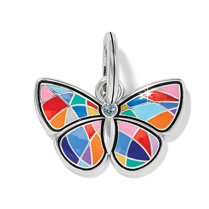 Brighton butterfly charm with multicolor enamel mosaic wings, crystal center, and silver-plated finish on a white background