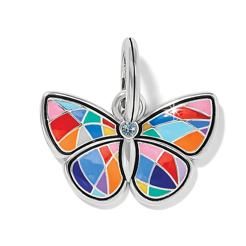 Brighton butterfly charm with multicolor enamel mosaic wings, crystal center, and silver-plated finish on a white background