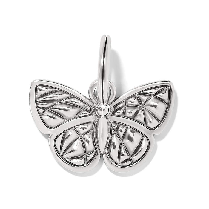 Brighton butterfly charm with silver-plated finish and textured geometric wing detailing on a white background