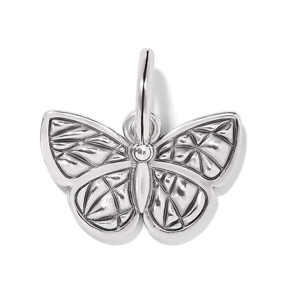 Brighton butterfly charm with silver-plated finish and textured geometric wing detailing on a white background