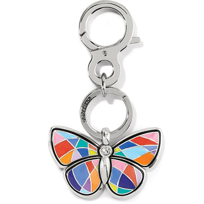 Brighton keychain with silver-plated clasp and colorful enamel mosaic butterfly charm with crystal accent on a white background