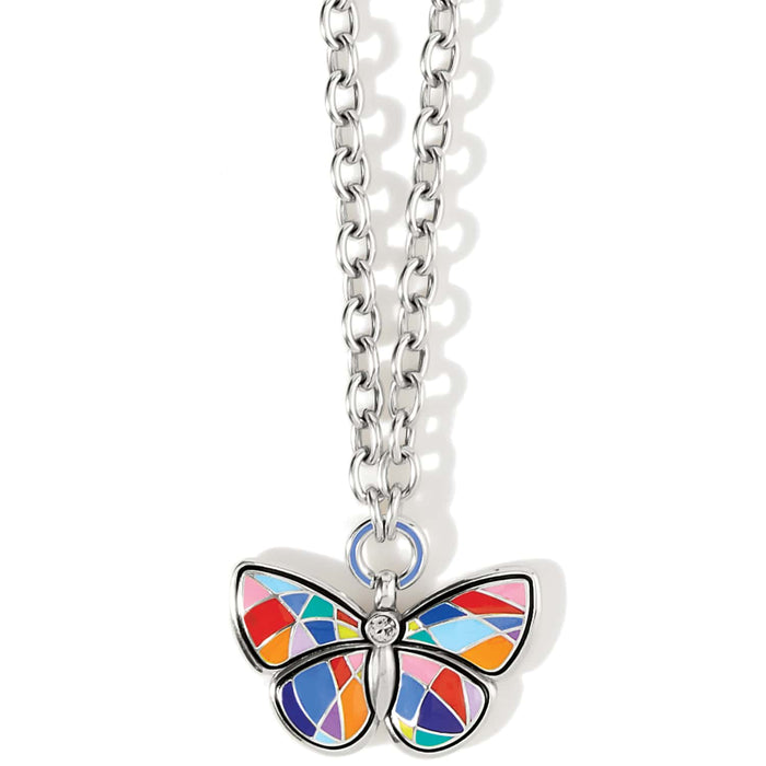Brighton pendant necklace with silver-plated chain and multicolor enamel butterfly featuring a crystal accent on a white background
