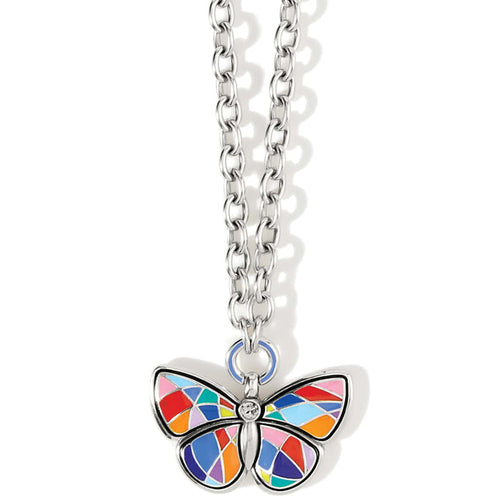 Brighton pendant necklace with silver-plated chain and multicolor enamel butterfly featuring a crystal accent on a white background