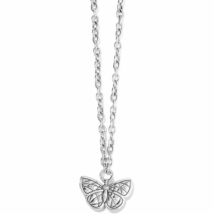 Brighton pendant necklace with silver-plated butterfly charm and engraved wing detail on a white background