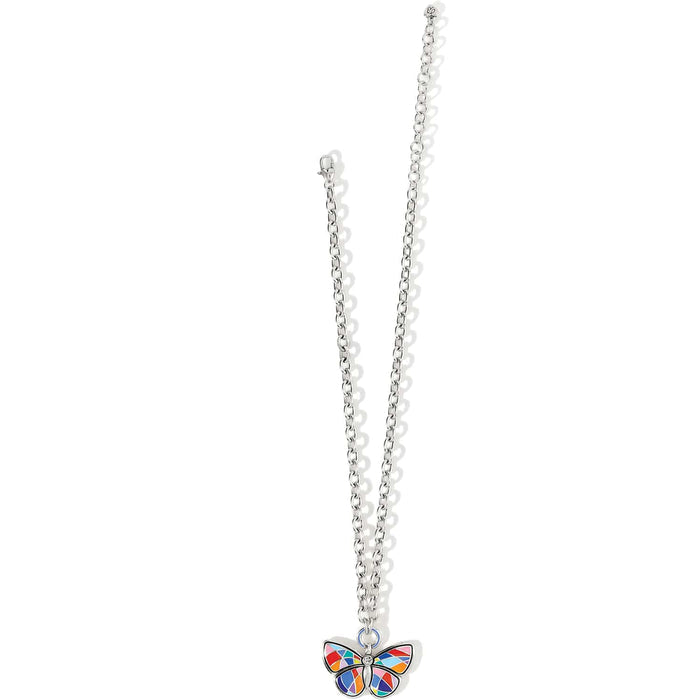 Brighton butterfly pendant necklace with silver-plated chain and colorful enamel mosaic wings with crystal accent on a white background