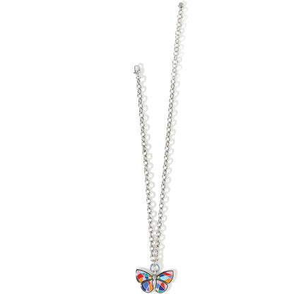 Brighton butterfly pendant necklace with silver-plated chain and colorful enamel mosaic wings with crystal accent on a white background