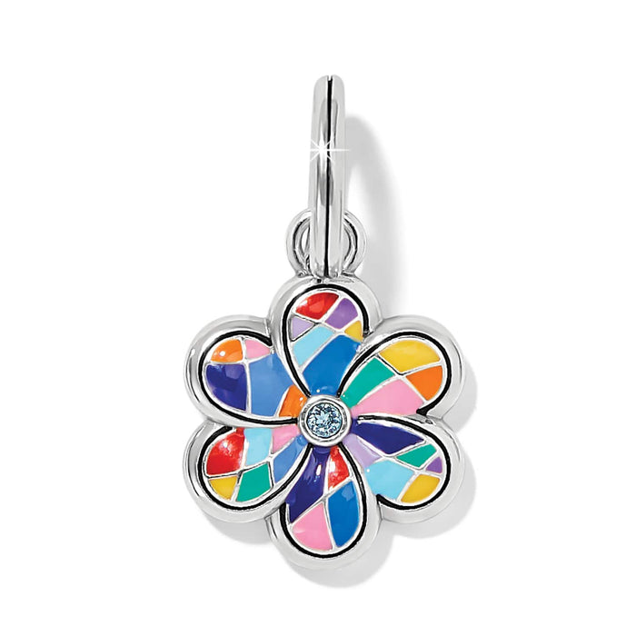 Brighton flower charm with multicolor enamel mosaic petals, crystal center, and silver-plated finish on a white background