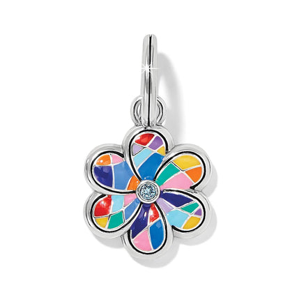 Brighton flower charm with multicolor enamel mosaic petals, crystal center, and silver-plated finish on a white background