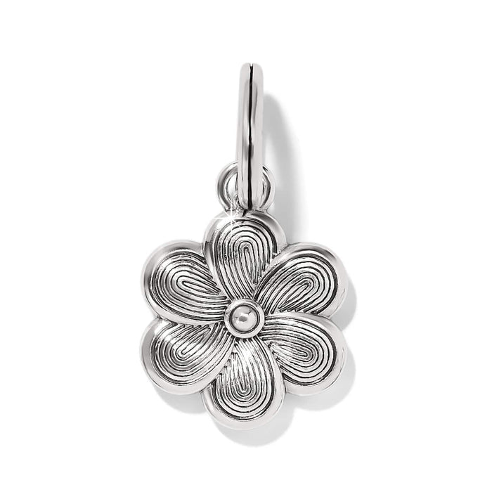 Brighton flower charm with silver-plated finish and textured petal detail on a white background