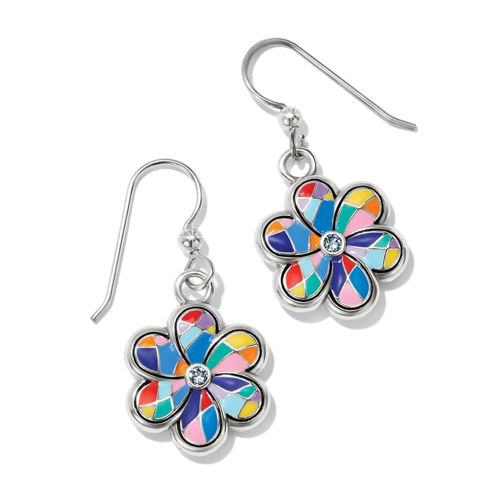 Brighton drop earrings with silver-plated multicolor enamel flowers and center crystal accents on a white background