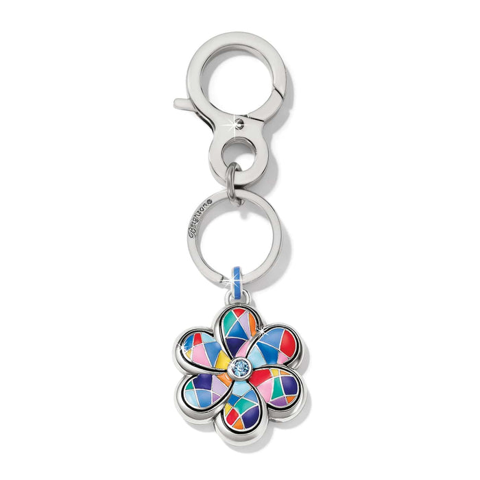 Brighton keychain with multicolor enamel flower charm, crystal center accent, silver-tone clasp and ring on a white background