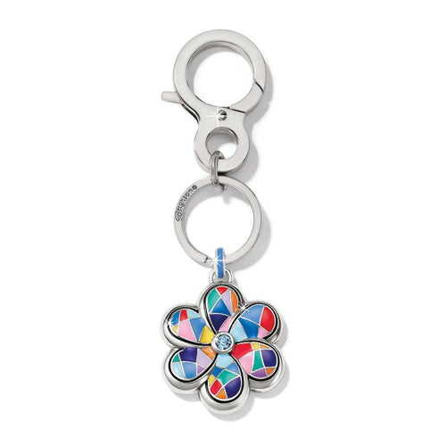 Brighton keychain with multicolor enamel flower charm, crystal center accent, silver-tone clasp and ring on a white background