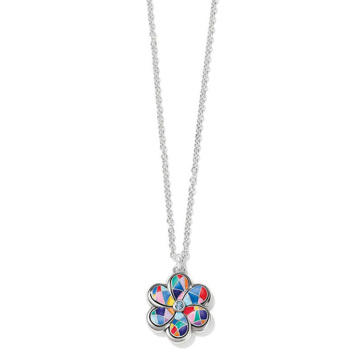 Brighton pendant necklace with silver-plated chain and multicolor enamel flower featuring a crystal center on a white background
