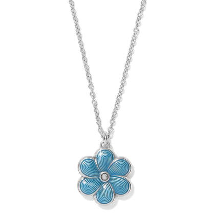 Brighton pendant necklace with blue enamel flower, crystal center, and silver-plated chain on a white background