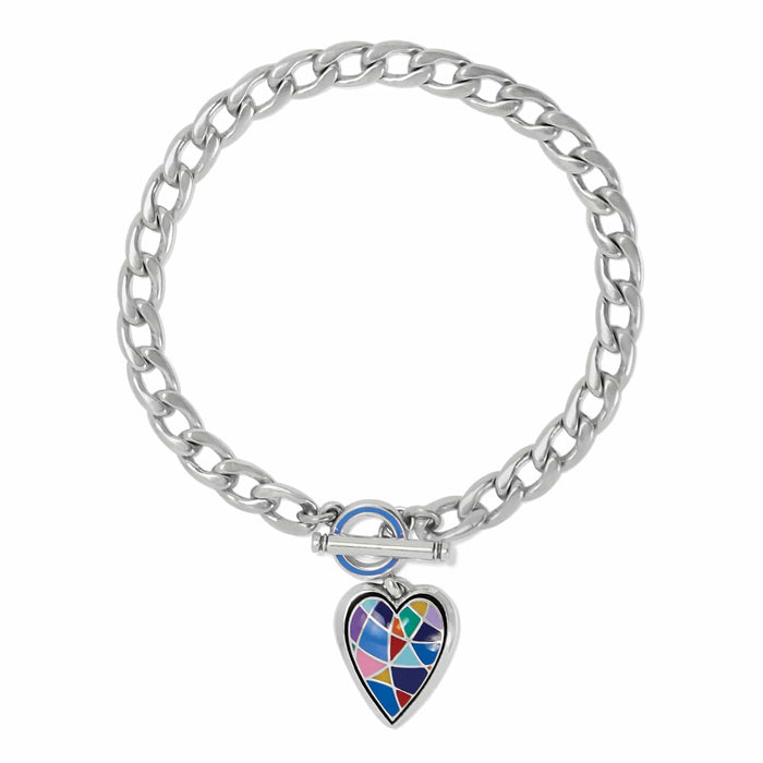 Brighton silver-plated curb chain bracelet with toggle clasp and multicolor enamel mosaic heart charm on a white background