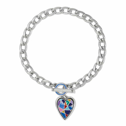 Brighton silver-plated curb chain bracelet with toggle clasp and multicolor enamel mosaic heart charm on a white background